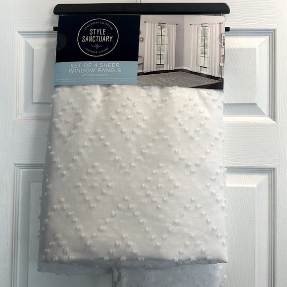 NEW! Set of 4- Style Sanctuary white sheer Swiss dot curtain panels. 37”w x 84”l - Picture 1 of 3